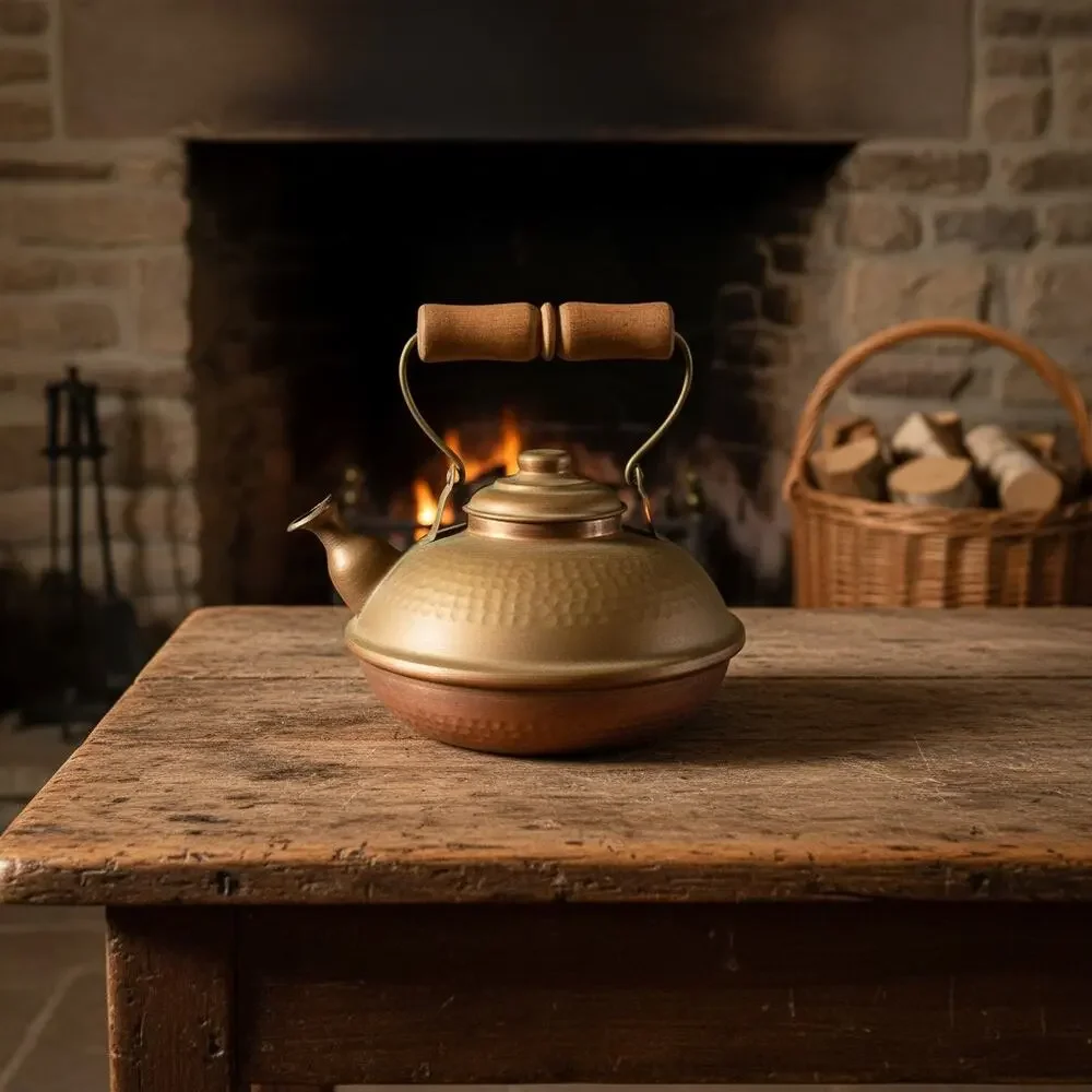 Vintage Hammered Copper Brass Kettle Teapot-Chile-Wood Handle-Rustic-Farmhouse